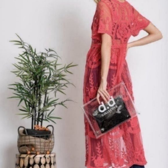 Bohemian Eyelet Sheer Cover Up Lace Maxi Dress Women's Size Large - Picture 2 of 7